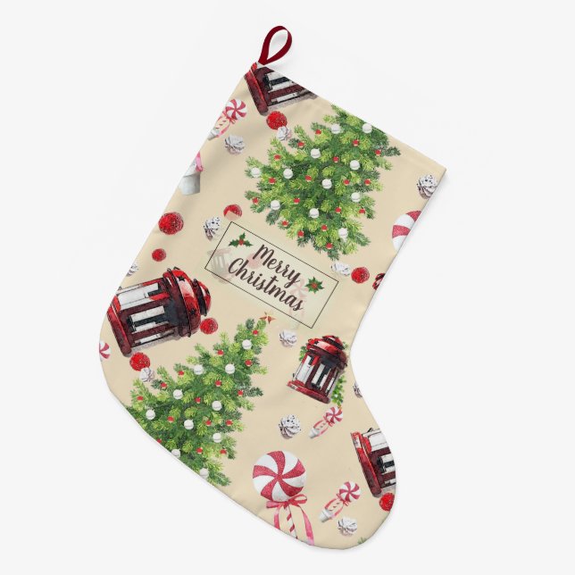 Vintage Christmas Art Pattern Large Christmas Stocking (Front (Hanging))