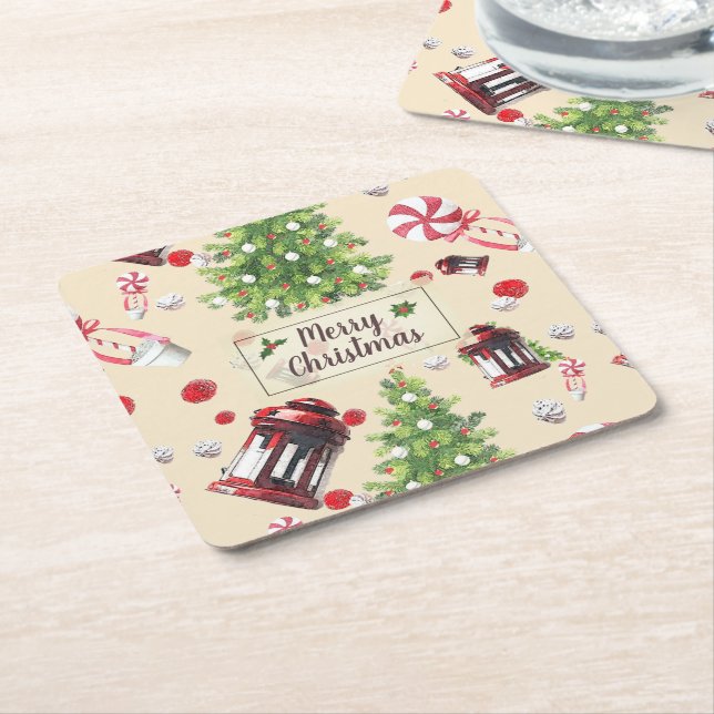 Vintage Christmas Art Pattern Square Paper Coaster (Angled)