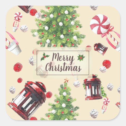 Vintage Christmas Art Pattern Square Sticker