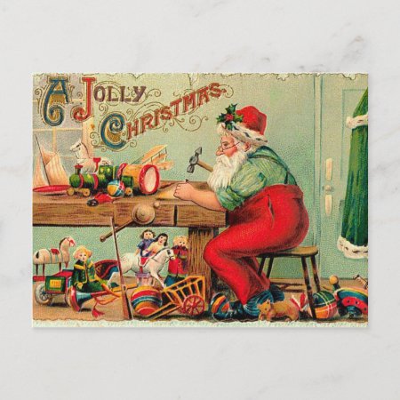 Vintage Christmas At Santa's Workshop Holiday Postcard