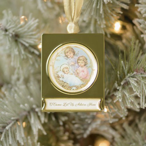 Vintage Christmas Baby Jesus with Angels Pastel Gold Plated Banner Ornament