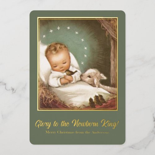 Vintage Christmas Baby Jesus with Lamb Foil Holiday Card