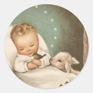 Vintage Christmas Baby With Lamb Classic Round Sticker