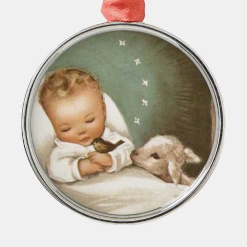 Vintage Christmas Baby With Lamb Metal Ornament