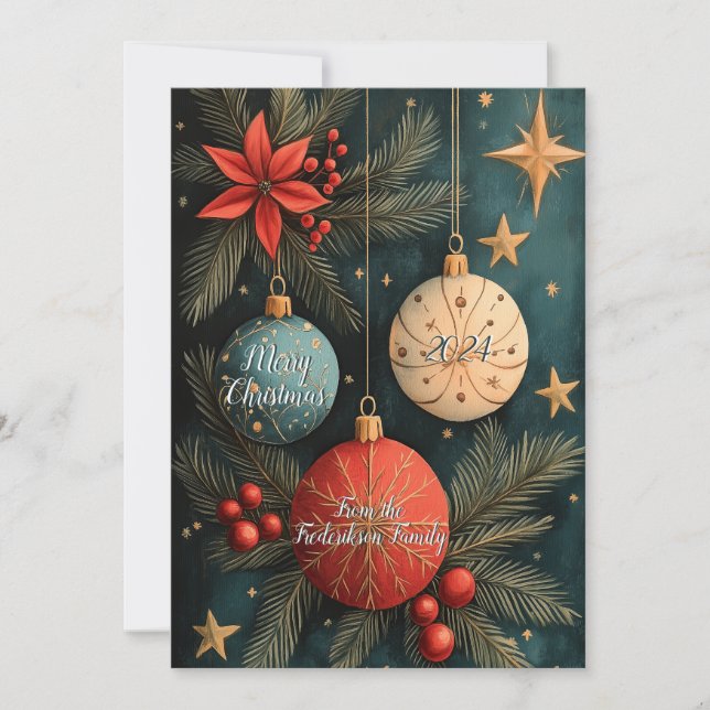 Vintage Christmas Baubles Flat Holiday Card (Front)