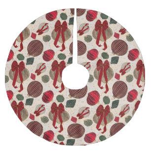 Vintage Christmas Baubles & Red Bows Cream Brushed Polyester Tree Skirt