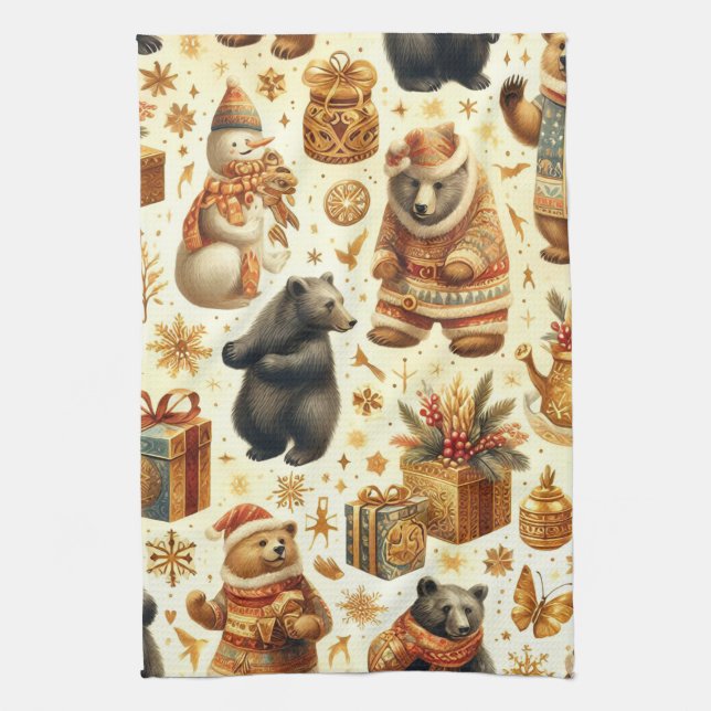 Vintage Christmas Bear Kitchen Towel (Vertical)