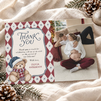 Vintage Christmas Bear Preppy Baby Shower Photo Thank You Card
