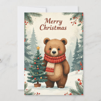 Vintage Christmas Bear Scarf Cozy Holiday Tree Card