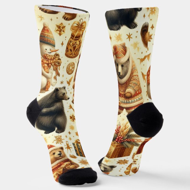 Vintage Christmas Bear Socks (Angled)