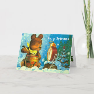 Vintage Christmas, Bear, waiting for midnight Holiday Card
