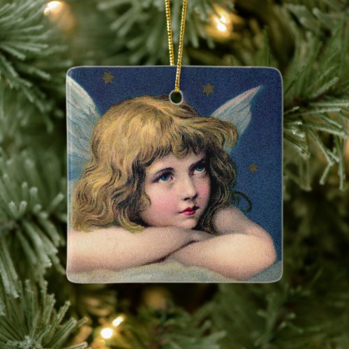 Vintage Christmas, Beautiful Angel with Gold Stars Ceramic Ornament
