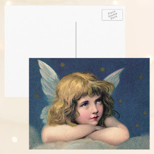 Vintage Christmas, Beautiful Angel with Gold Stars Holiday Postcard
