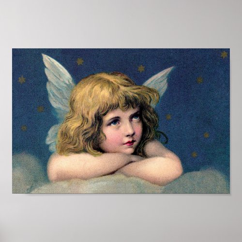 Vintage Christmas Beautiful Angel with Gold Stars Poster