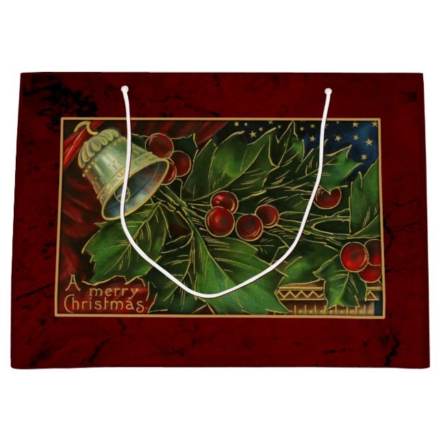 Vintage Christmas Bell and Holly Large Gift Bag (Front)