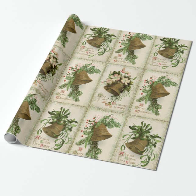 Vintage Christmas Bell Collage Wrapping Paper (Unrolled)