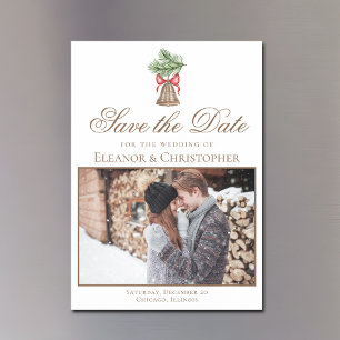 Vintage Christmas Bell Couple Photo Save the Date Magnetic Invitation