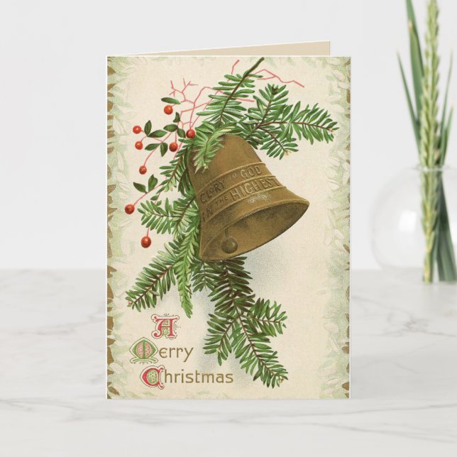 Vintage Christmas Bell (Evergreen) Card (Front)