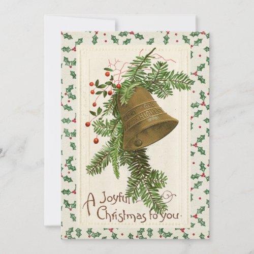 Vintage Christmas Bell Evergreen Joyful Holly      Holiday Card