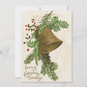 Vintage Christmas Bell Evergreen Loving Greetings Holiday Card