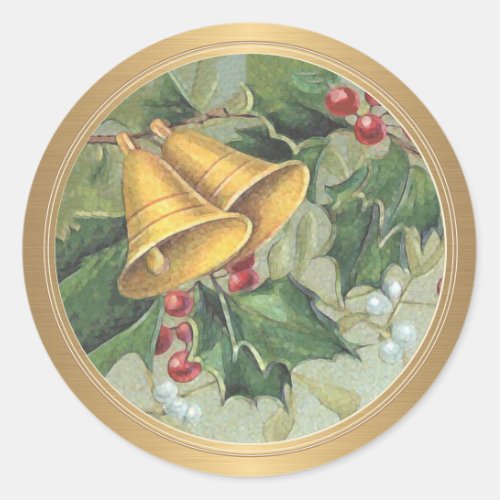 Vintage Christmas Bell Holly Mistletoe Gold Classic Round Sticker