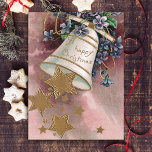 Vintage Christmas Bell, Stars & Forget-Me-Nots Postcard<br><div class="desc">Elegant white vintage bell with A Happy Christmas text with gold bands,  gold stars and blue forget-me-nots on a pink and maroon painterly background. Back features editable text fields.</div>