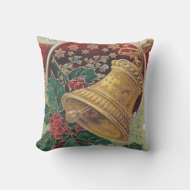 Vintage Christmas Bell with Holly Throw Pillow (Front)