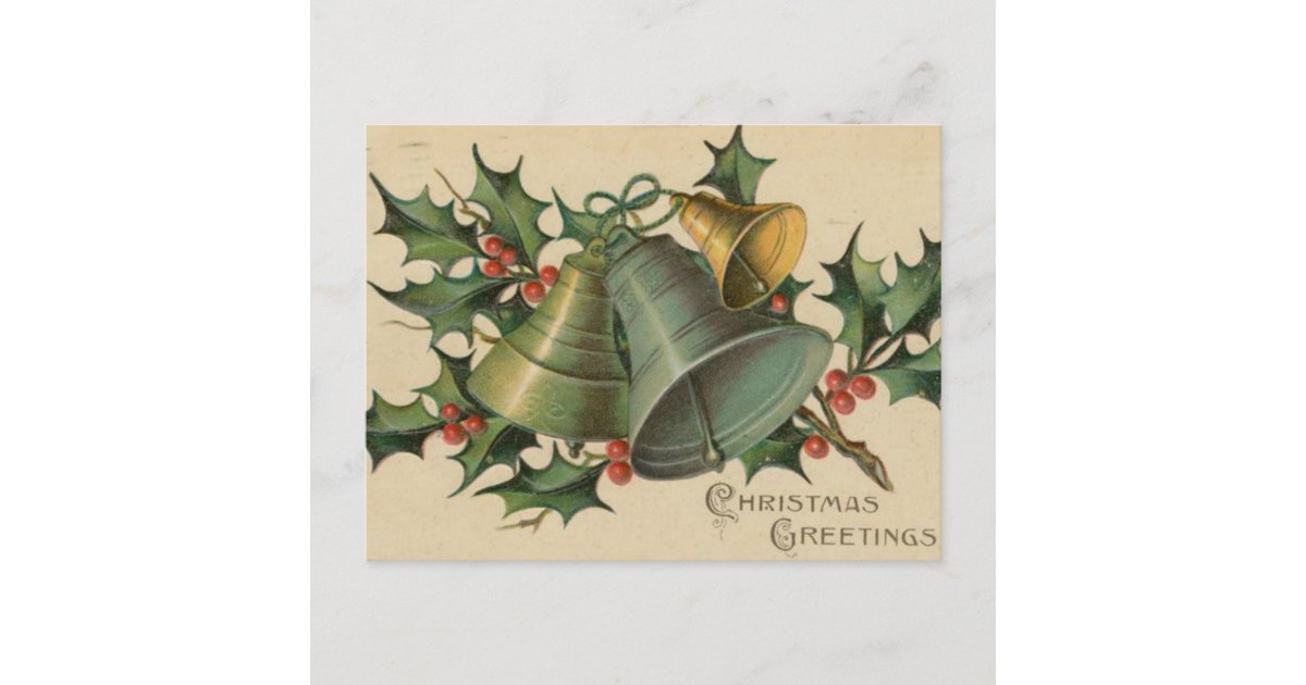 Vintage Christmas Bells and Holly Holiday Postcard | Zazzle