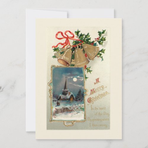 Vintage Christmas Bells and Rustic Church in Snow Holiday Card