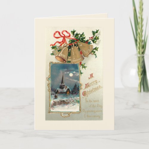 Vintage Christmas Bells and Rustic Church in Snow Holiday Card
