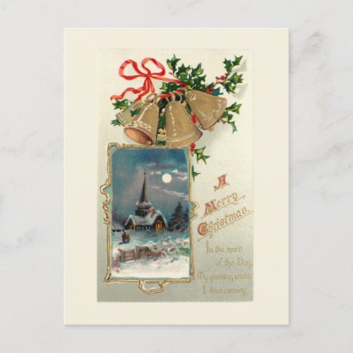 Vintage Christmas Bells and Rustic Church in Snow Postcard