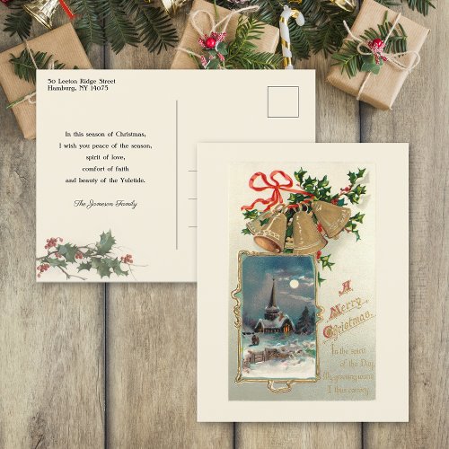 Vintage Christmas Bells and Rustic Church in Snow Postcard