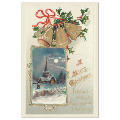 Vintage Christmas Bells and Rustic Church in Snow Tissue Paper