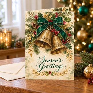Vintage Christmas Bells Emerald Bow & Gold Card