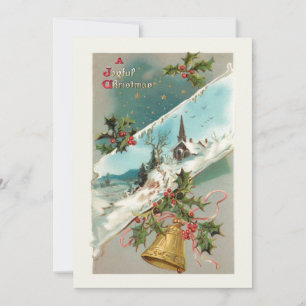 Vintage Christmas Bells, Holly & Church in Winter Holiday Card