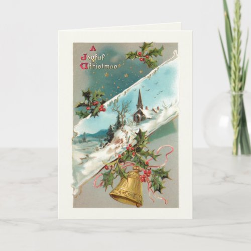 Vintage Christmas Bells Holly  Church in Winter Holiday Card