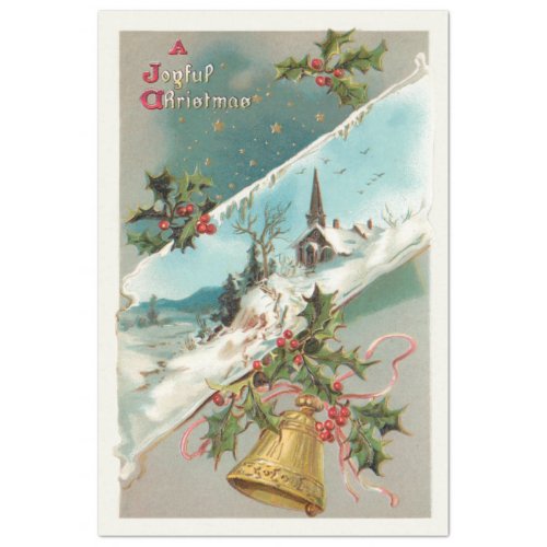 Vintage Christmas Bells Holly  Church in Winter  Tissue Paper