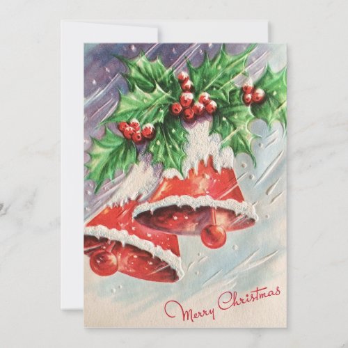 Vintage Christmas Bells On Holly Holiday Card