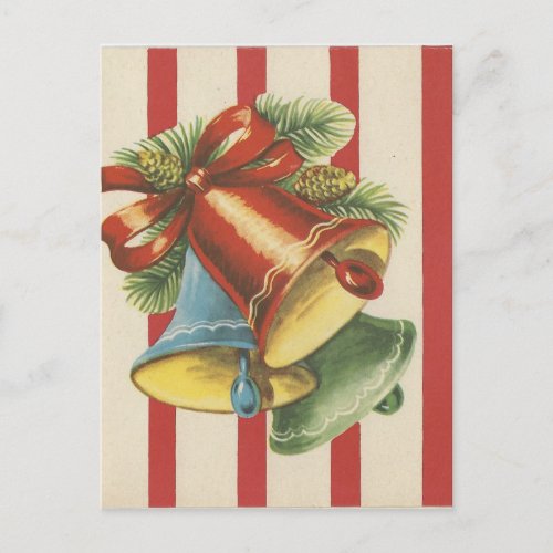 Vintage Christmas Bells On Red And White Stripe Holiday Postcard