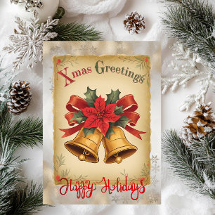 Vintage Christmas Bells Poinsettia Snowflakes Holiday Card