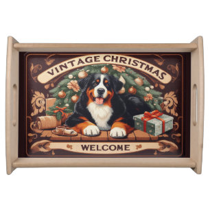 Vintage Christmas Bernese Mountain Dog Welcome Serving Tray