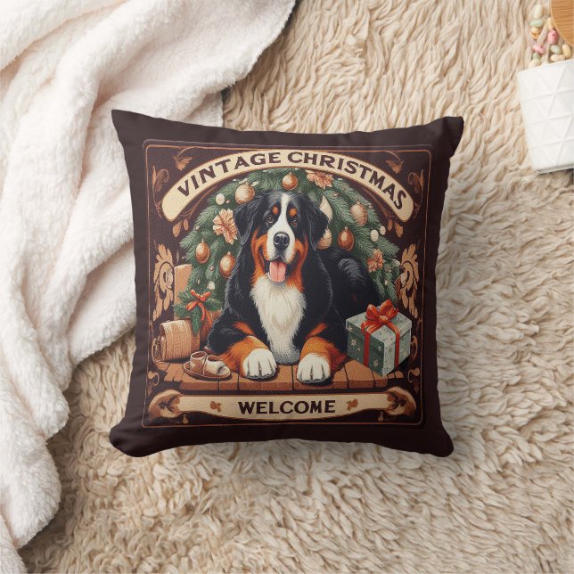 Vintage Christmas Bernese Mountain Dog Welcome Throw Pillow (Blanket)