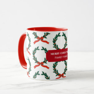 Vintage Christmas Berry Wreath Holiday Custom Name Mug