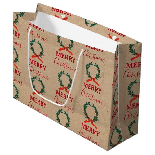 Vintage Christmas Berry Wreath Holiday Kraft Large Gift Bag