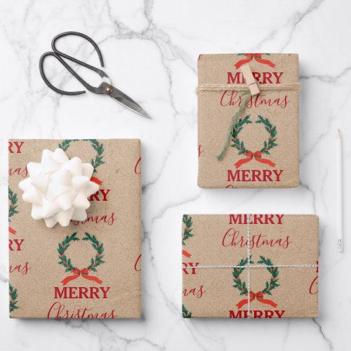 Vintage Christmas Berry Wreath Holiday Kraft Wrapping Paper Sheets