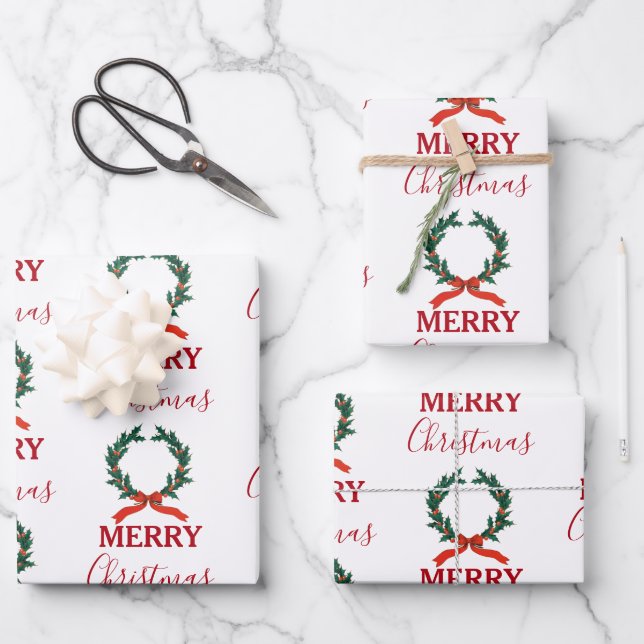 Vintage Christmas Berry Wreath Holiday Wrapping Paper Sheets (Front)