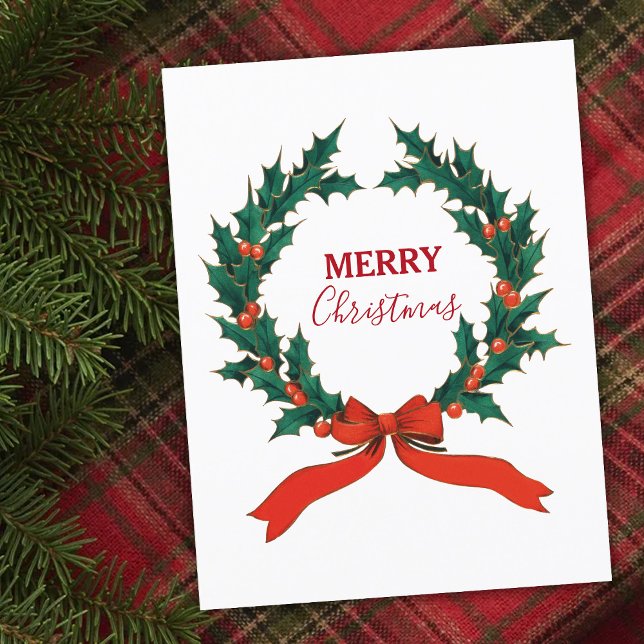 Vintage Christmas Berry Wreath Merry Christmas Holiday Postcard (Creator Uploaded)