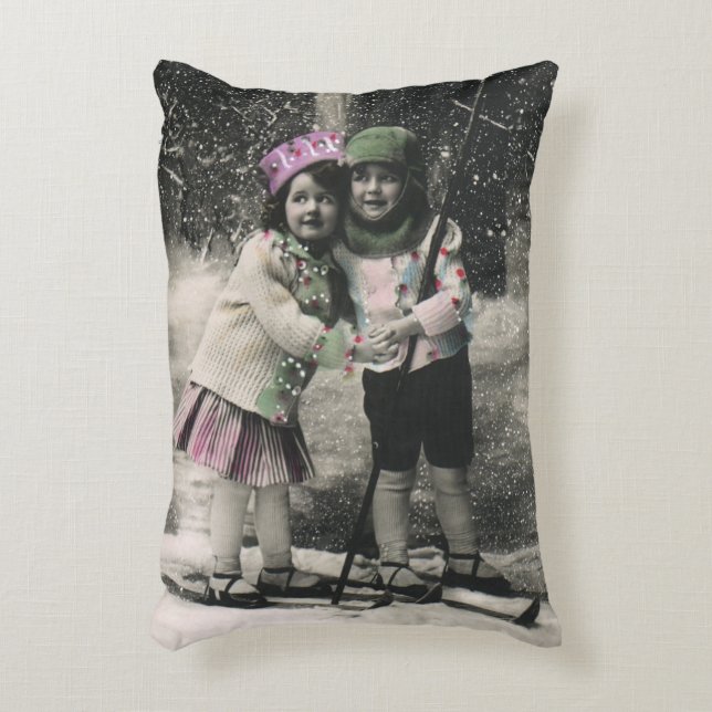 Vintage Christmas, Best Friends on Skis Accent Pillow (Front(Vertical))