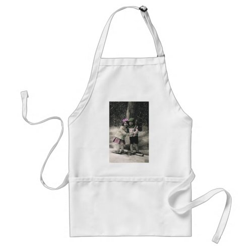 Vintage Christmas Best Friends on Skis Adult Apron