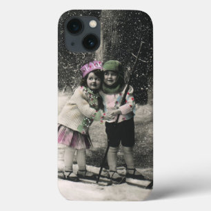 Vintage Christmas, Best Friends on Skis iPhone 13 Case